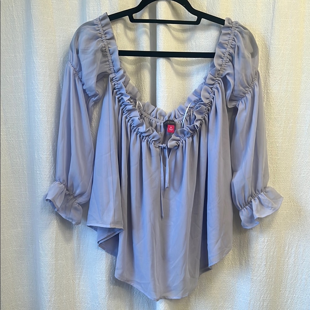 Vince Camuto Blue Flutter Sleeve Blouse with Ruffled Tie Front